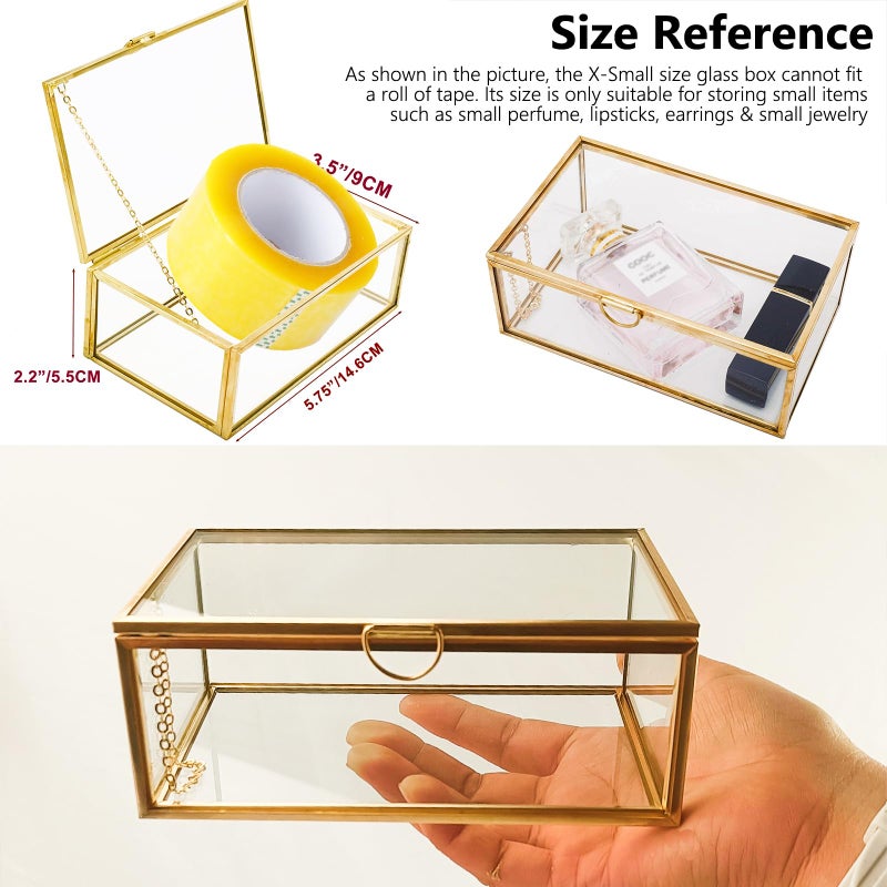 HighFree Vintage Glass Box with Lid - Clear Jewelry Glass Display Box Keepsake Box - Home Decor Decorative Box for Trinket Rings Bracelet (Gold, X-Small) - Image 2
